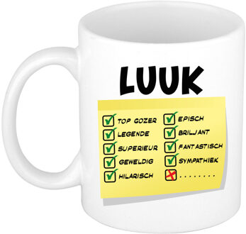 Bellatio Decorations Naam mok Luuk - wit - top gozer - keramiek - 300 ml - cadeau collega beker Geel