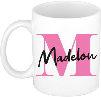 Bellatio Decorations Naam mok Madelon - roze - wit - keramiek - 300 ml - verjaardag/cadeau beker Fuchsia
