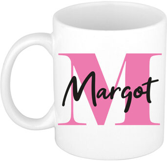 Bellatio Decorations Naam mok Margot - roze - wit - keramiek - 300 ml - verjaardag/cadeau beker Fuchsia