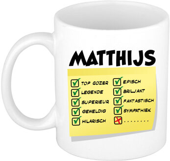 Bellatio Decorations Naam mok Matthijs - wit - top gozer - keramiek - 300 ml - cadeau collega beker Geel
