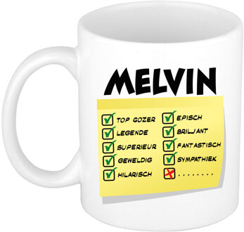 Bellatio Decorations Naam mok Melvin - wit - top gozer - keramiek - 300 ml - cadeau collega beker Geel