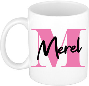 Bellatio Decorations Naam mok Merel - roze - wit - keramiek - 300 ml - verjaardag/cadeau beker