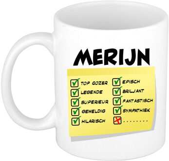 Bellatio Decorations Naam mok Merijn - wit - top gozer - keramiek - 300 ml - cadeau collega beker