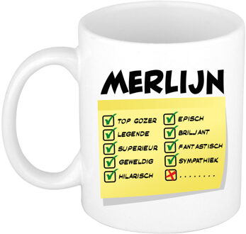 Bellatio Decorations Naam mok Merlijn - wit - top gozer - keramiek - 300 ml - cadeau collega beker