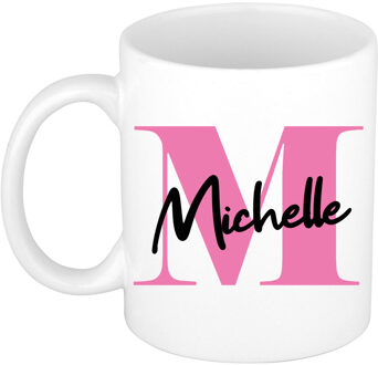 Bellatio Decorations Naam mok Michelle - roze - wit - keramiek - 300 ml - verjaardag/cadeau beker