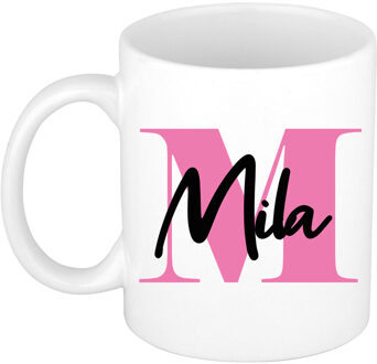 Bellatio Decorations Naam mok Mila - roze - wit - keramiek - 300 ml - verjaardag/cadeau beker