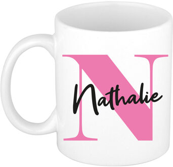 Bellatio Decorations Naam mok Nathalie - roze - wit - keramiek - 300 ml - verjaardag/cadeau beker Fuchsia
