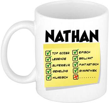 Bellatio Decorations Naam mok Nathan - wit - top gozer - keramiek - 300 ml - cadeau collega beker Geel