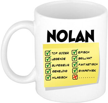 Bellatio Decorations Naam mok Nolan - wit - top gozer - keramiek - 300 ml - cadeau collega beker Geel
