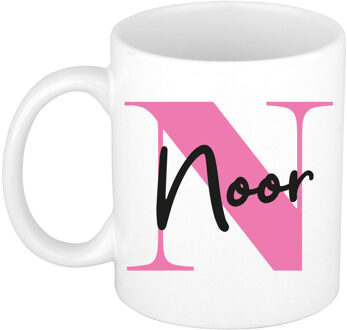 Bellatio Decorations Naam mok Noor - roze - wit - keramiek - 300 ml - verjaardag/cadeau beker