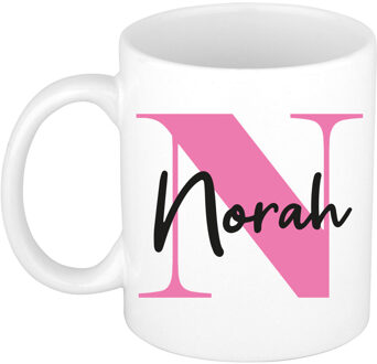 Bellatio Decorations Naam mok Norah - roze - wit - keramiek - 300 ml - verjaardag/cadeau beker