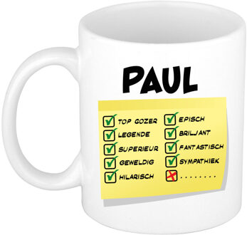 Bellatio Decorations Naam mok Paul - wit - top gozer - keramiek - 300 ml - cadeau collega beker Geel