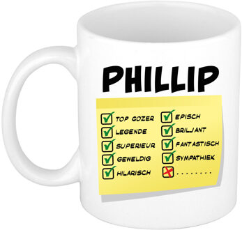 Bellatio Decorations Naam mok Phillip - wit - top gozer - keramiek - 300 ml - cadeau collega beker Geel