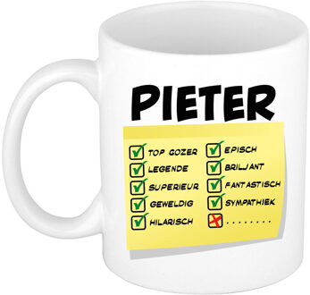 Bellatio Decorations Naam mok Pieter - wit - top gozer - keramiek - 300 ml - cadeau collega beker Geel