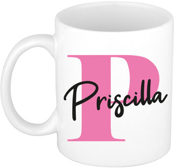 Bellatio Decorations Naam mok Priscilla - roze - wit - keramiek - 300 ml - verjaardag/cadeau beker