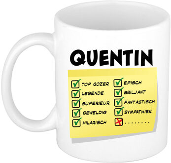 Bellatio Decorations Naam mok Quentin - wit - top gozer - keramiek - 300 ml - cadeau collega beker Geel