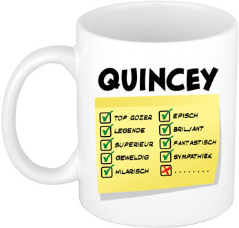 Bellatio Decorations Naam mok Quincey - wit - top gozer - keramiek - 300 ml - cadeau collega beker Geel