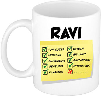 Bellatio Decorations Naam mok Ravi - wit - top gozer - keramiek - 300 ml - cadeau collega beker Geel