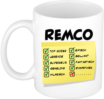 Bellatio Decorations Naam mok Remco - wit - top gozer - keramiek - 300 ml - cadeau collega beker