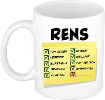 Bellatio Decorations Naam mok Rens - wit - top gozer - keramiek - 300 ml - cadeau collega beker Geel