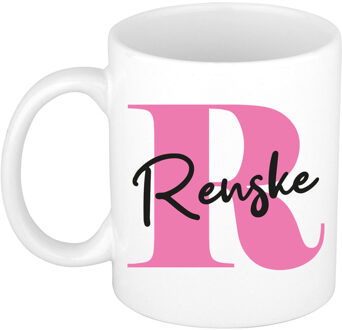 Bellatio Decorations Naam mok Renske - roze - wit - keramiek - 300 ml - verjaardag/cadeau beker