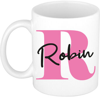Bellatio Decorations Naam mok Robin - roze - wit - keramiek - 300 ml - verjaardag/cadeau beker
