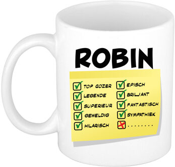 Bellatio Decorations Naam mok Robin - wit - top gozer - keramiek - 300 ml - cadeau collega beker Geel