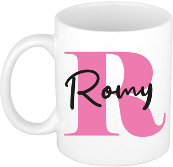 Bellatio Decorations Naam mok Romy - roze - wit - keramiek - 300 ml - verjaardag/cadeau beker