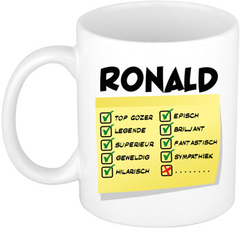 Bellatio Decorations Naam mok Ronald - wit - top gozer - keramiek - 300 ml - cadeau collega beker Geel