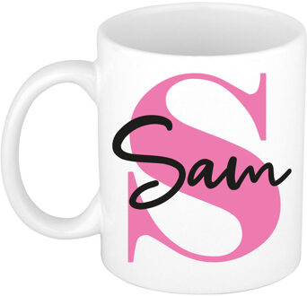 Bellatio Decorations Naam mok Sam - roze - wit - keramiek - 300 ml - verjaardag/cadeau beker Fuchsia