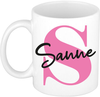 Bellatio Decorations Naam mok Sanne - roze - wit - keramiek - 300 ml - verjaardag/cadeau beker