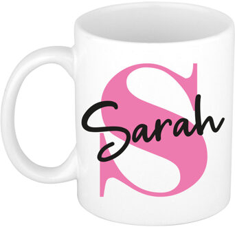 Bellatio Decorations Naam mok Sarah - roze - wit - keramiek - 300 ml - verjaardag/cadeau beker Fuchsia