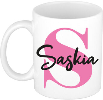 Bellatio Decorations Naam mok Saskia - roze - wit - keramiek - 300 ml - verjaardag/cadeau beker Fuchsia