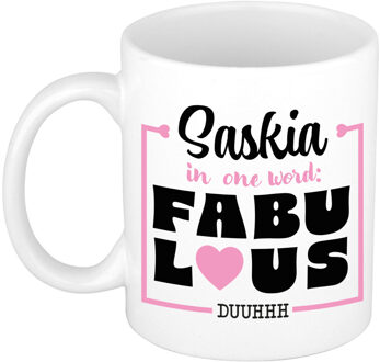 Bellatio Decorations Naam mok Saskia - wit - Fabulous - keramiek - 300 ml - cadeau collega beker Roze