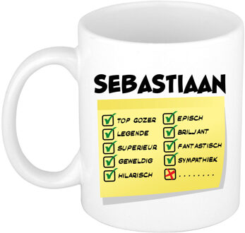 Bellatio Decorations Naam mok Sebastiaan - wit - top gozer - keramiek - 300 ml - cadeau collega beker Geel