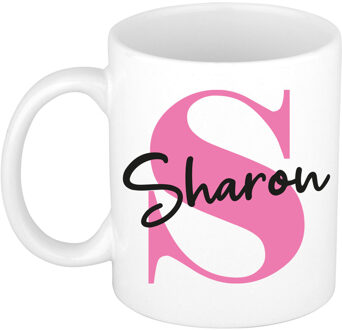 Bellatio Decorations Naam mok Sharon - roze - wit - keramiek - 300 ml - verjaardag/cadeau beker