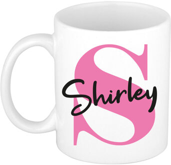 Bellatio Decorations Naam mok Shirley - roze - wit - keramiek - 300 ml - verjaardag/cadeau beker