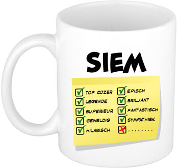 Bellatio Decorations Naam mok Siem - wit - top gozer - keramiek - 300 ml - cadeau collega beker Geel