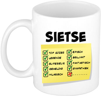 Bellatio Decorations Naam mok Sietse - wit - top gozer - keramiek - 300 ml - cadeau collega beker Geel