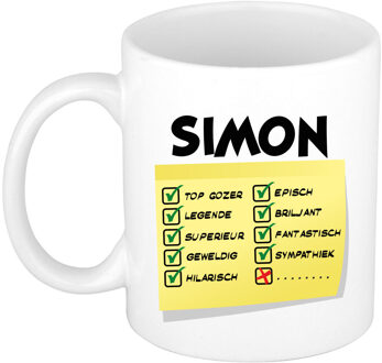 Bellatio Decorations Naam mok Simon - wit - top gozer - keramiek - 300 ml - cadeau collega beker Geel