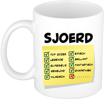 Bellatio Decorations Naam mok Sjoerd - wit - top gozer - keramiek - 300 ml - cadeau collega beker Geel