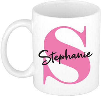 Bellatio Decorations Naam mok Stephanie - roze - wit - keramiek - 300 ml - verjaardag/cadeau beker