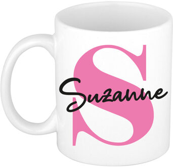 Bellatio Decorations Naam mok Suzanne - roze - wit - keramiek - 300 ml - verjaardag/cadeau beker