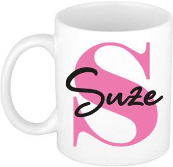 Bellatio Decorations Naam mok Suze - roze - wit - keramiek - 300 ml - verjaardag/cadeau beker Fuchsia