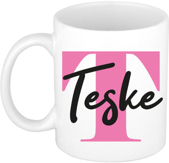 Bellatio Decorations Naam mok Teske - roze - wit - keramiek - 300 ml - verjaardag/cadeau beker