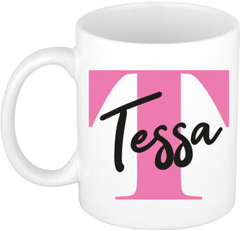 Bellatio Decorations Naam mok Tessa - roze - wit - keramiek - 300 ml - verjaardag/cadeau beker