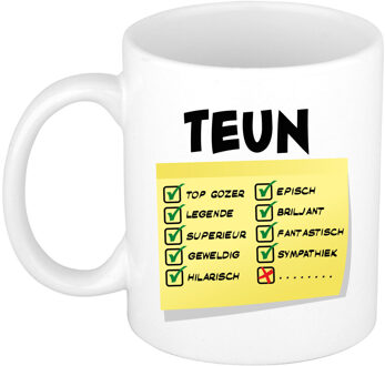 Bellatio Decorations Naam mok Teun - wit - top gozer - keramiek - 300 ml - cadeau collega beker Geel