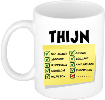 Bellatio Decorations Naam mok Thijn - wit - top gozer - keramiek - 300 ml - cadeau collega beker Geel