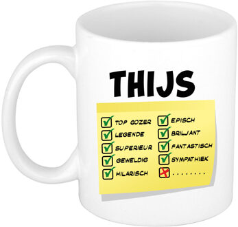 Bellatio Decorations Naam mok Thijs - wit - top gozer - keramiek - 300 ml - cadeau collega beker Geel