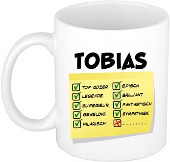 Bellatio Decorations Naam mok Tobias - wit - top gozer - keramiek - 300 ml - cadeau collega beker